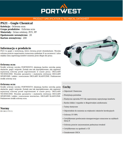 Gogle Ochronne Chemical PS21CLR Gogle Ochronne Chemical PS21CLR