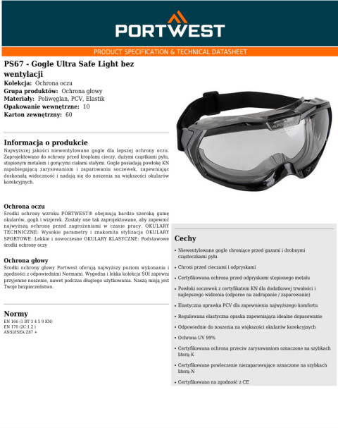 Gogle Ultra Safe Light bez wentylacji PS67CLR