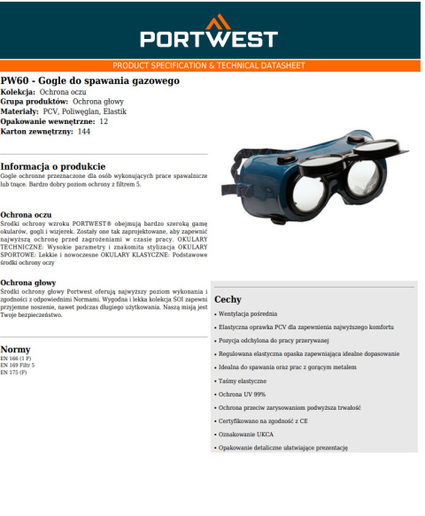 Gogle do spawania gazowego PW60BGR Gogle do spawania gazowego PW60BGR