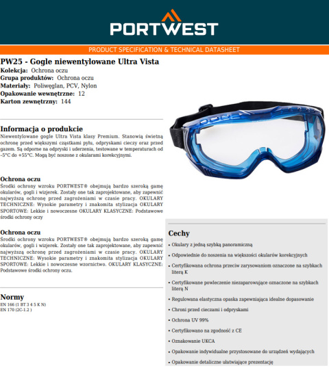 Gogle niewentylowane Ultra Vista PW25CLR Gogle niewentylowane Ultra Vista PW25CLR