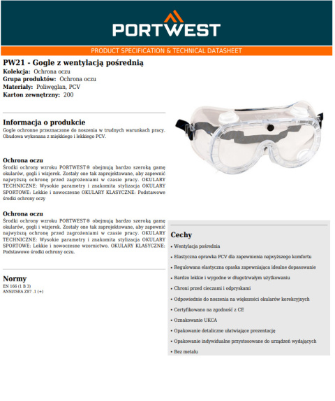 Gogle z wentylacją pośrednią PW21CLR Gogle z wentylacją pośrednią PW21CLR