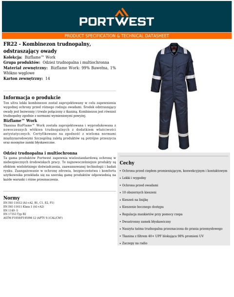 Kombinezon trudnopalny, odstraszający owady FR22 Kombinezon trudnopalny, odstraszający owady FR22