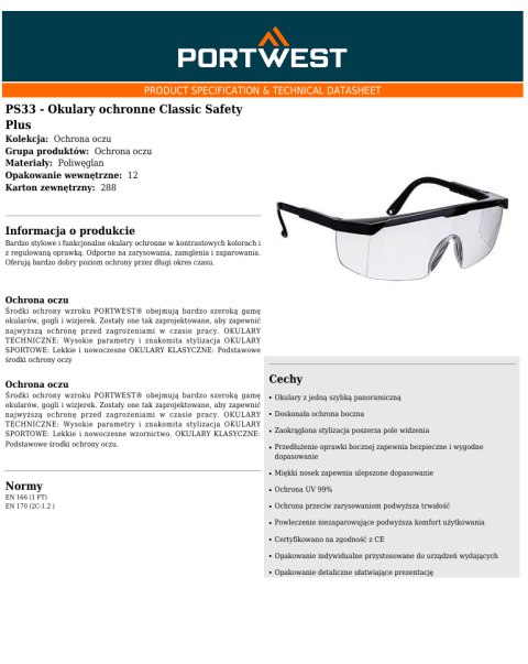Okulary ochronne Classic Safety Plus PS33CLR Okulary ochronne Classic Safety Plus PS33CLR