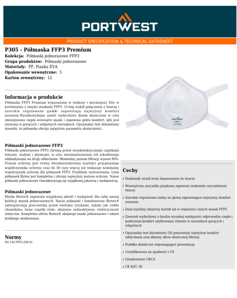 Półmaska FFP3 Premium P305WHR Półmaska FFP3 Premium P305WHR