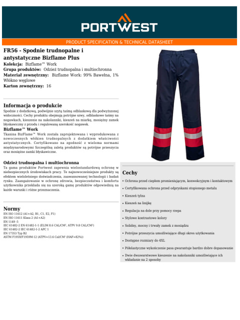 Spodnie trudnopalne i antystatyczne Bizflame Plus FR56 Spodnie trudnopalne i antystatyczne Bizflame Plus FR56