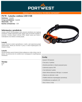 Latarka czołowa LED USB PA70BKR